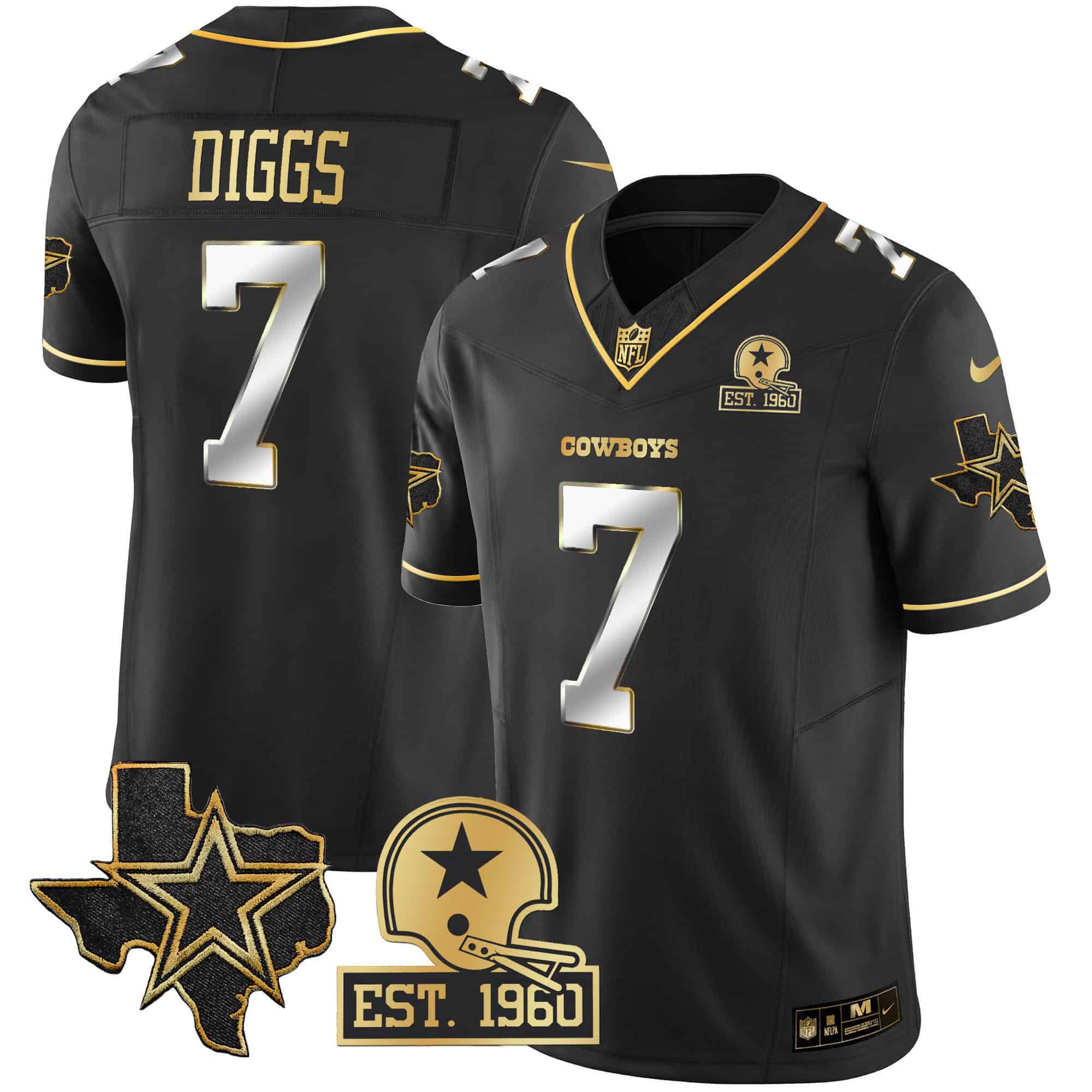 Men Dallas Cowboys 7 Diggs Black Gold 2024 Nike Patch Vapor NFL Jersey style 2